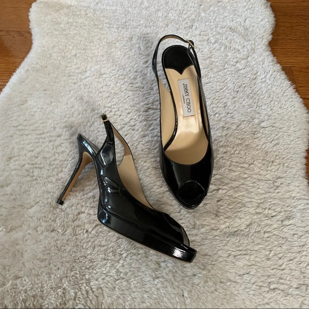Jimmy Choo Black Nova Peep Toe Slingback Patent Heels - Picture 4 of 15